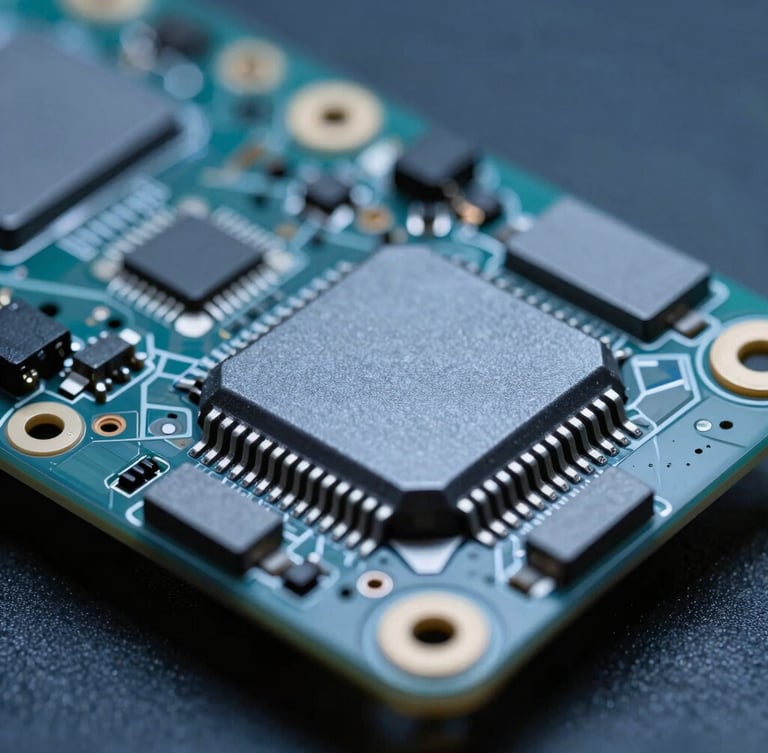 Extreme macro close-up of a mobile phone motherboard with high-precision components, cool blue studio lighting, metallic gray reflections, dark technical background