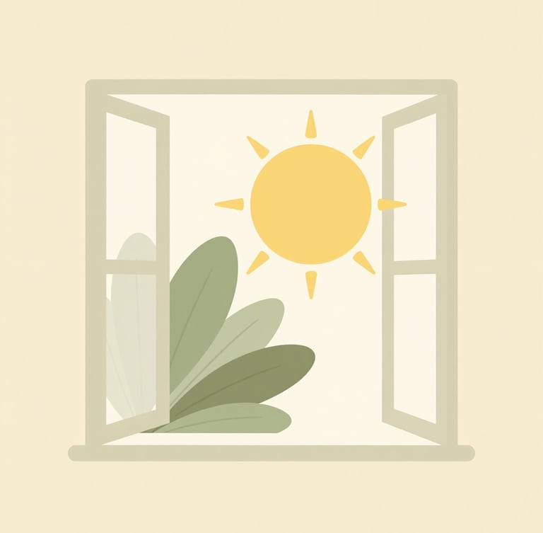 Minimalist flat vector illustration of a warm sun shining through an open window with soft green leaves, warm cream background, calming and modern