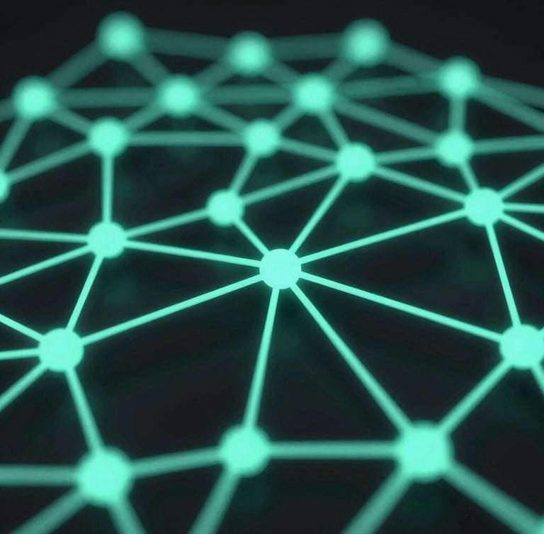 Macro close-up of a sleek 3D render showing an abstract data visualization of neural network nodes glowing in neon teal against a dark background, shallow depth of field