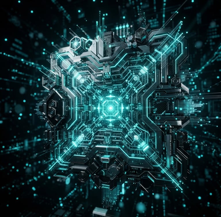 Sleek 3D render of a secure server core, abstract data visualization, dark background, neon teal accents, clean geometric forms, macro depth of field