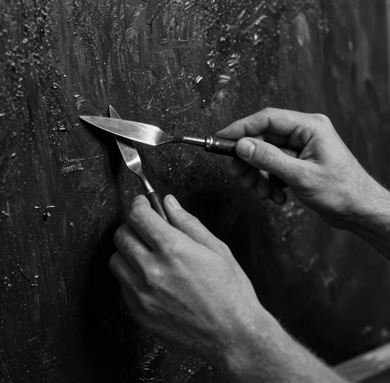 Moody low-key black and white studio shot of the artist's hands holding a palette knife near a heavily textured dark canvas, single dramatic side light