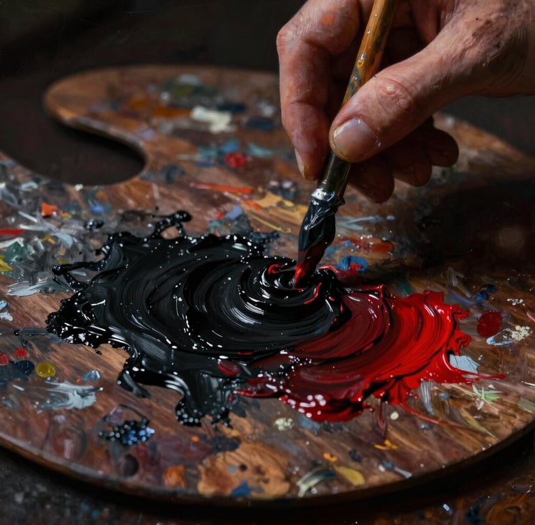 Dark moody oil painting photography, macro close-up of artist hands mixing thick black and crimson impasto paint on a dark wooden palette, dramatic chiaroscuro lighting, deep shadows, 35mm