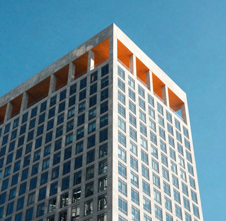 Sharp architectural angle of a modern concrete and glass skyscraper in Miami under high-key natural daylight, crisp shadows, electric blue sky