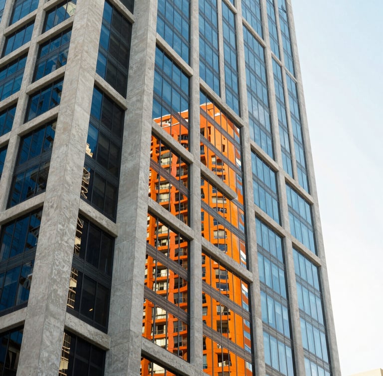 Sharp architectural angles of a modern concrete and glass skyscraper in Miami, bright high-key natural daylight, crisp shadows, vivid orange and electric blue sky reflection, 35mm lens