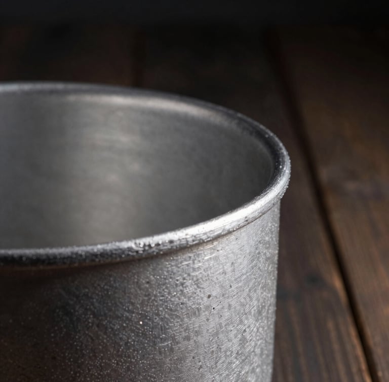Macro shot of a thick cast aluminum pot rim, showing raw textured metal grain and hand-polished edge, dramatic side lighting, rustic dark wood background.
