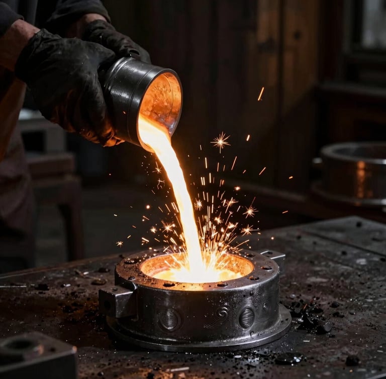 Glowing molten aluminum being poured into a traditional metal mold on a dark foundry floor, dramatic sparks and high-contrast industrial lighting.