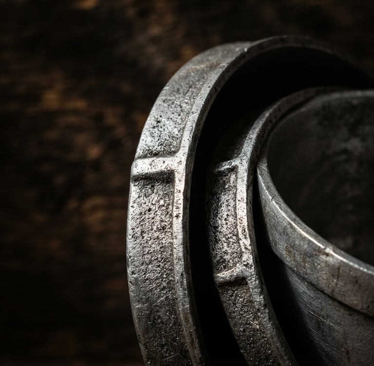 Close-up of thick cast aluminum pot rims with high-contrast side lighting, dramatic shadows highlighting metal textures, rustic dark background