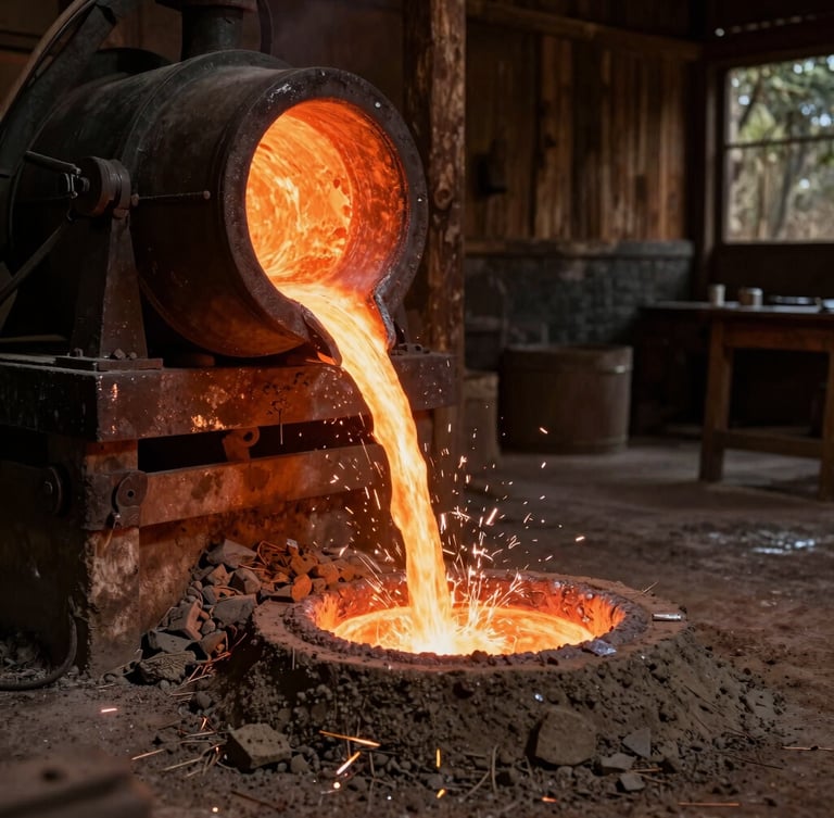 Wide environmental shot of a traditional foundry floor in Goiás, glowing molten metal poured into sand molds, warm dramatic sparks, rustic industrial atmosphere.