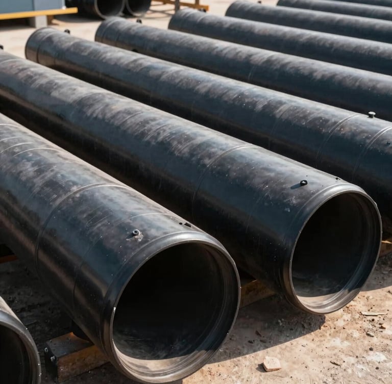 Tumpukan pipa HDPE Unilon hitam mengkilap berdiameter besar berjejer rapi di area proyek infrastruktur terbuka, cahaya matahari terik menghasilkan bayangan kontras tinggi.
