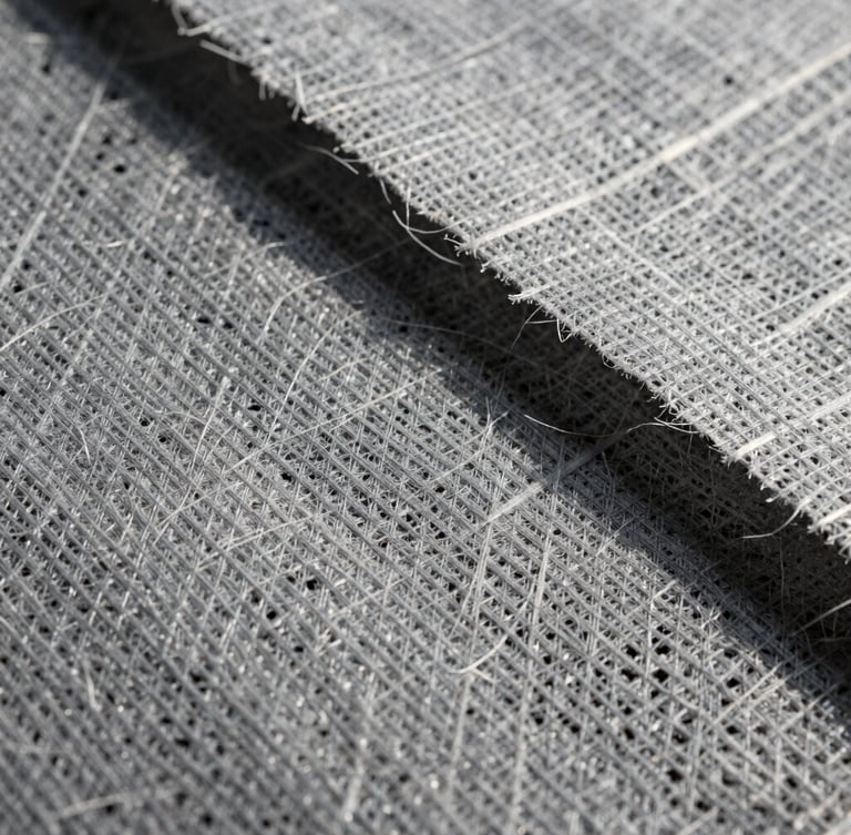 Extreme close-up macro photography of gray non-woven geotextile fibers, showing highly detailed synthetic web structure, bright natural daylight, crisp high-contrast shadows emphasizing material texture.