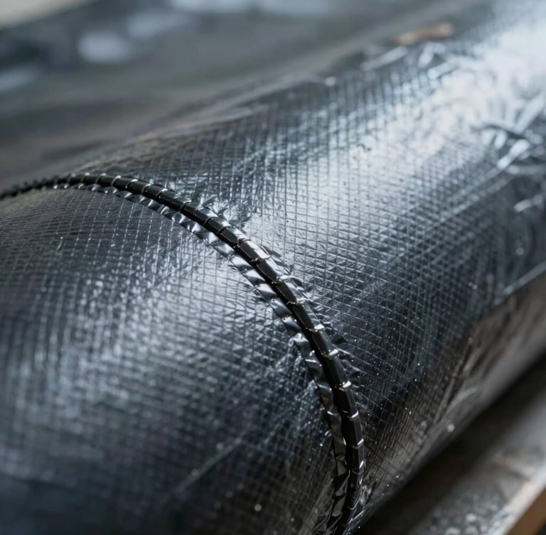 Extreme close-up of a high-density polyethylene (HDPE) geomembrane sheet showing its textured surface and thick, uniform weld seam, crisp lighting highlighting the material's micro-texture