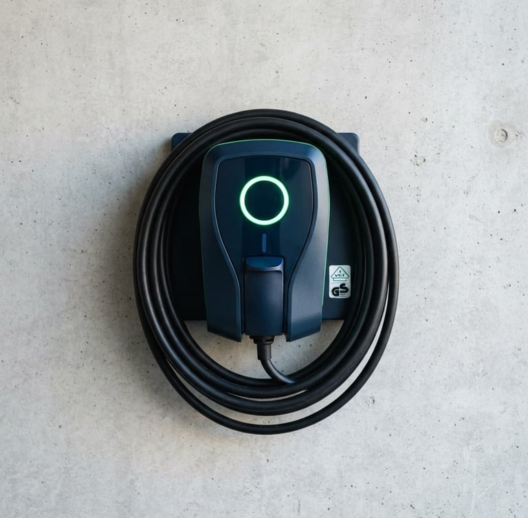 Straight-on technical shot of a modern wallbox mounted on a clean grey concrete garage wall, a thick black charging cable neatly wrapped around it, bright natural daylight, a small official VDE test sticker visible on the side, crisp green status LED glowing.