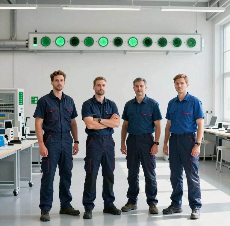 Wide shot of professional German electricians in clean uniforms standing in a modern, bright electrical workshop, high contrast, 35mm lens