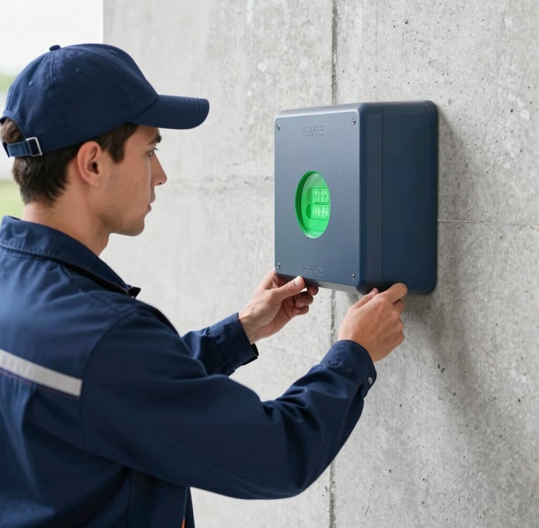 Close-up of a certified German electrician in a clean dark blue uniform configuring a modern wallbox on a concrete wall, bright natural light, technical precision