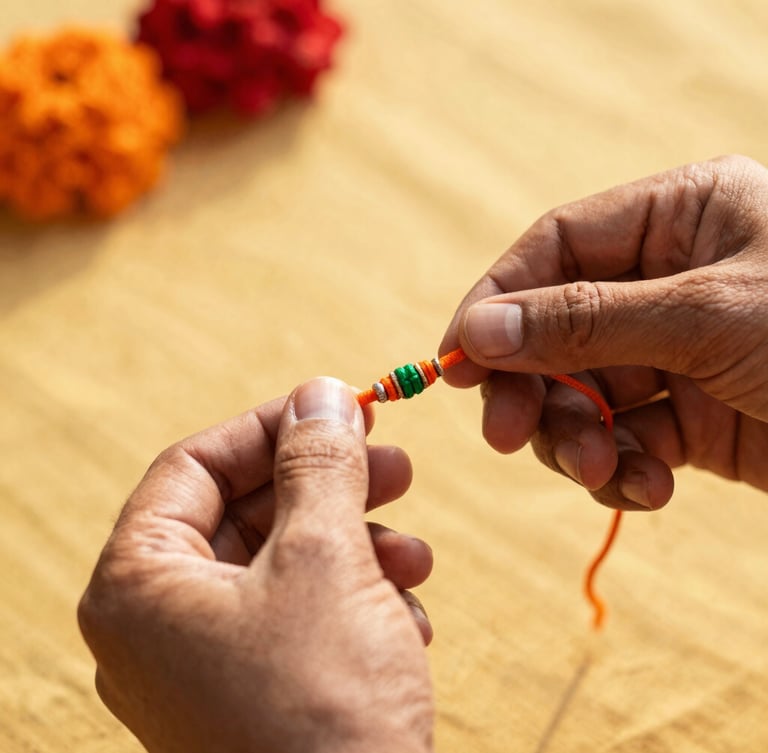 Warm editorial lifestyle photography, close-up of an artisan's hands weaving a vibrant orange and green Rakhi, natural golden hour sunlight, shallow depth of field