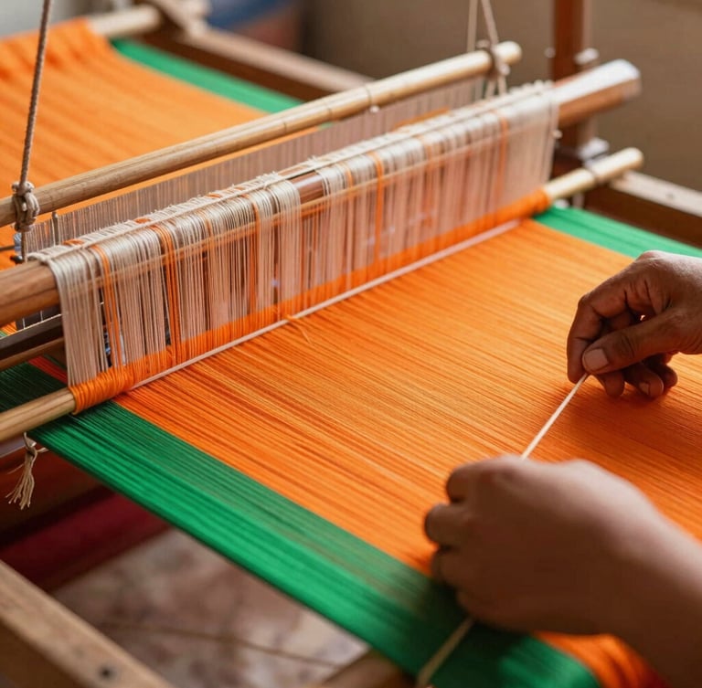 Close-up of hands weaving a vibrant orange and green textile on a traditional wooden loom, bright natural Indian sunlight illuminating the threads, shallow depth of field