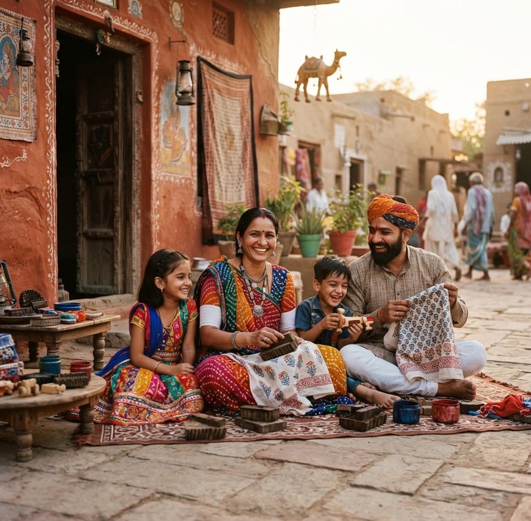 Warm editorial portrait of an Indian artisan family sitting outside their home in Rajasthan, bright natural golden hour sunlight, authentic smiles, shallow depth of field, 35mm lens