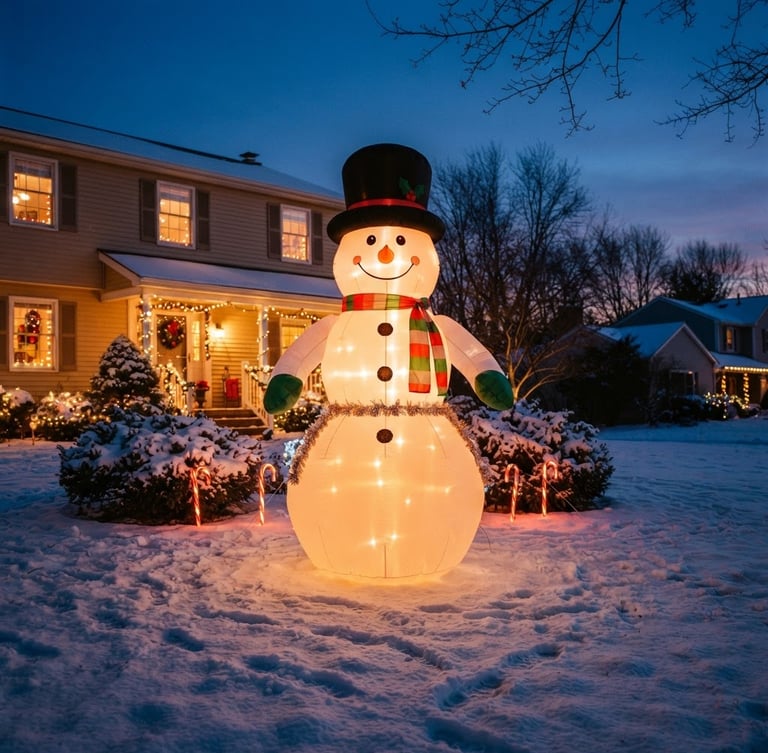Vibrant giant inflatable snowman glowing warmly on a snow-covered suburban lawn at twilight, warm golden-hour lighting, cozy residential background, 35mm photography