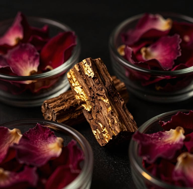 Close-up of raw agarwood blocks and crushed rose petals in dark glass containers, dimly lit, dramatic low-key lighting with sharp golden highlights, extreme macro lens, shallow depth of field.