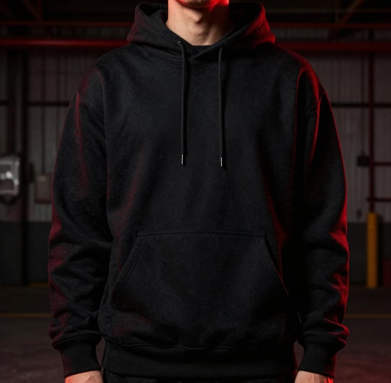 Gritty streetwear photography of a heavy black cotton hoodie on a model in a dark industrial warehouse, high-contrast crimson rim lighting, sharp focus on fabric texture, 35mm
