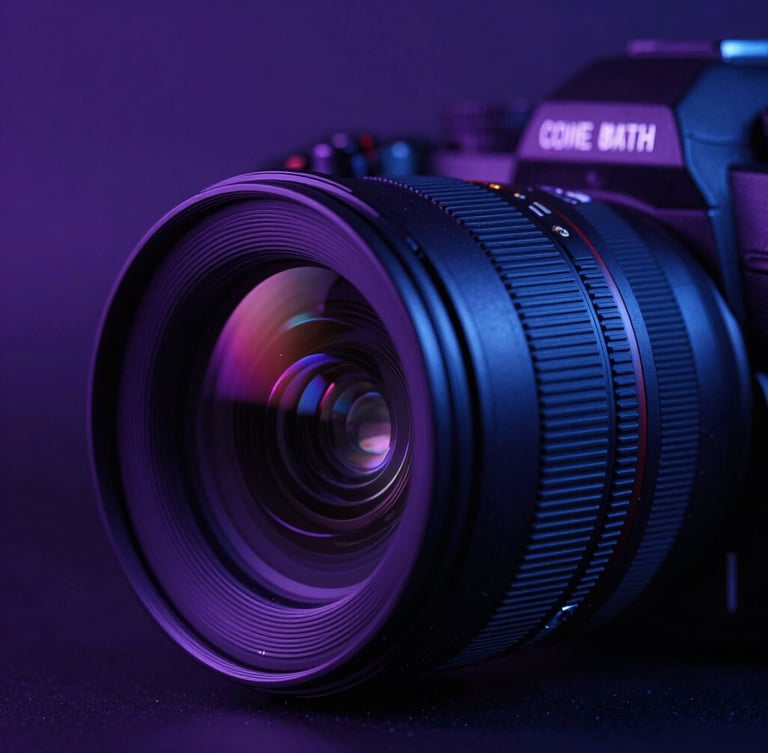 Macro shot of a high-end camera lens and studio lighting setup, moody purple and blue rim lights, dark technology aesthetic
