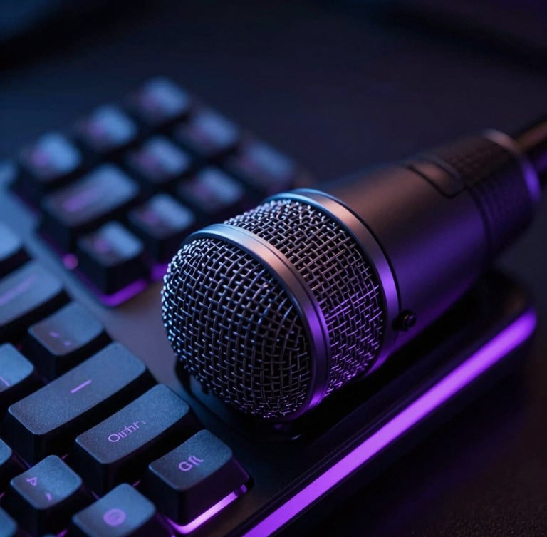 Macro close-up of a high-end studio microphone and mechanical keyboard, moody dark atmosphere, soft purple neon rim light, professional audio setup, 35mm