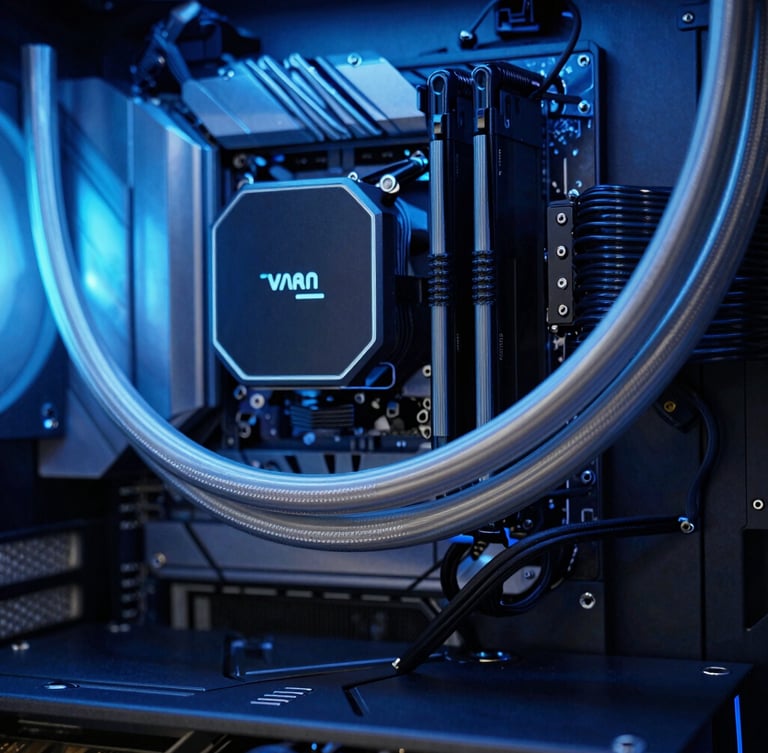 Macro close-up of a premium custom liquid-cooled PC build, clean tubing, soft blue ambient lighting on dark metal textures, 35mm photography