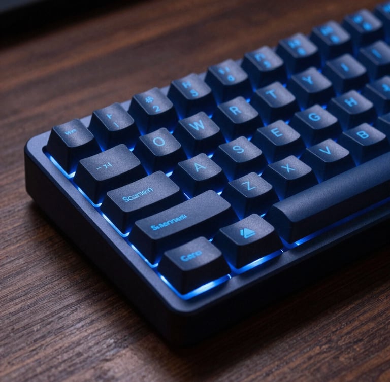 Close-up macro shot of a premium custom mechanical keyboard on a dark walnut desk, moody studio lighting with soft electric blue ambient backlighting, 35mm photography