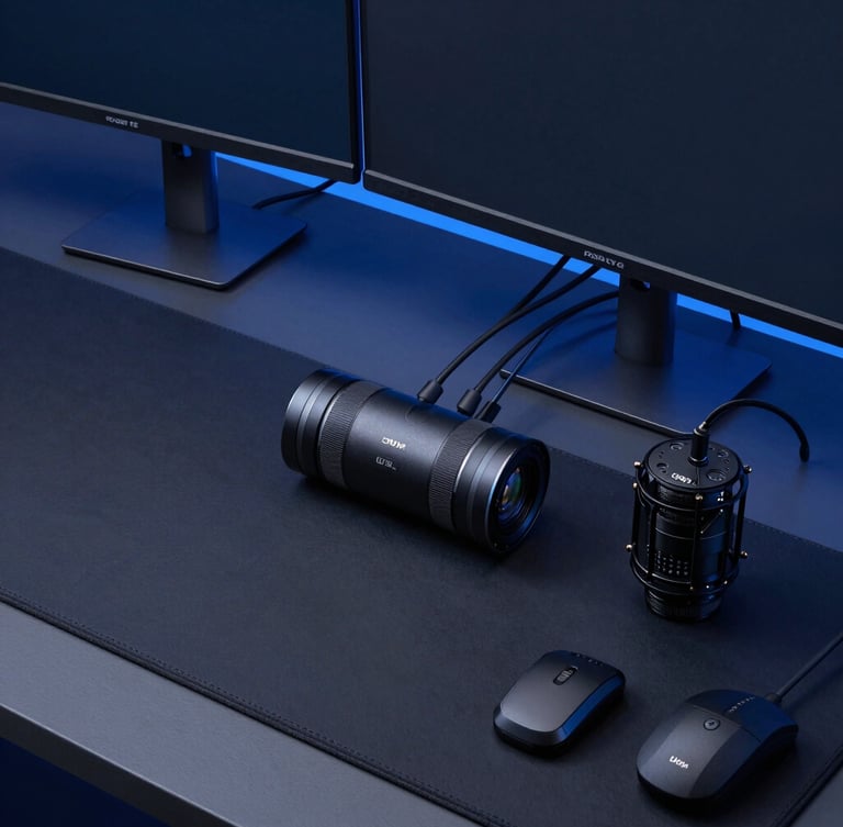 Overhead clean studio shot of an organized gaming desk with dual monitors, clean cable management, and professional streaming gear, moody blue ambient light