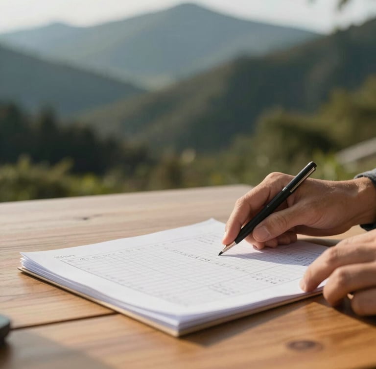 Close-up of hands reviewing physical ledger documents on a warm oak table, soft side-lighting from mountain sunlight, shallow depth of field, warm editorial style