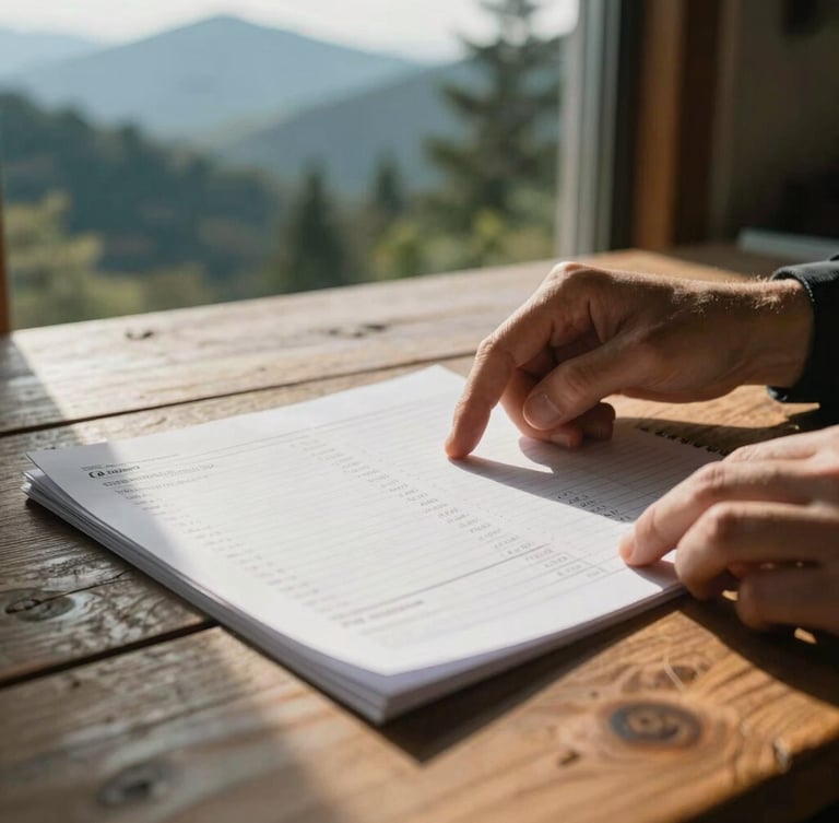 Warm editorial photograph of hands reviewing physical financial ledgers on a rustic wooden table, soft late-afternoon mountain sunlight filtering through a window, shallow depth of field, 35mm