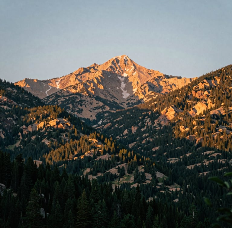 Wide panoramic shot of Pikes Peak rising behind Colorado Springs, warm late-afternoon mountain sunlight, deep forest greens and sandstone tones, shallow depth of field, 35mm photography