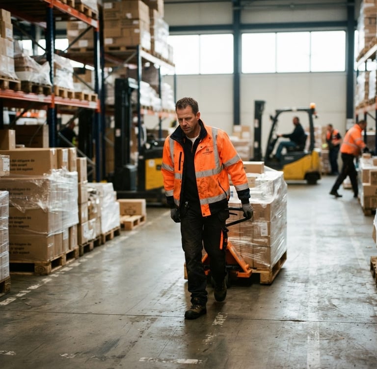 Dynamic medium-wide shot of an active warehouse in the Netherlands, a focused worker in high-visibility gear moving cargo under bright natural daylight, 35mm lens, shallow depth of field