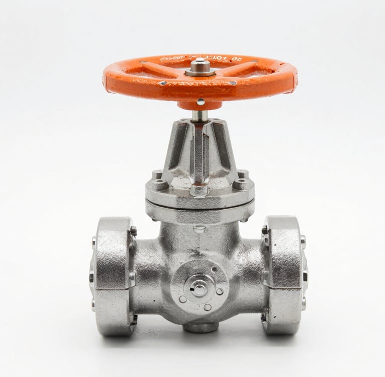 Straight-on portrait of a newly manufactured steel gate valve, clean high-key studio lighting, metallic steel and safety orange tones, macro lens