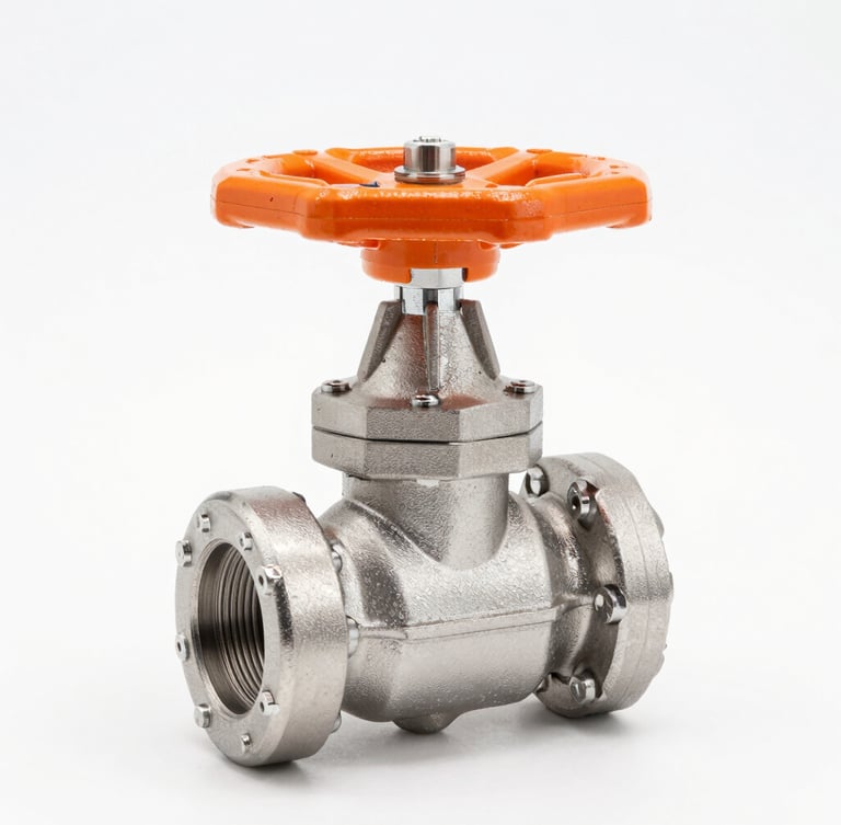 Straight-on product portrait of a pristine, newly manufactured carbon steel ball valve with a safety orange lever, high-key studio lighting, metallic steel tones, macro lens