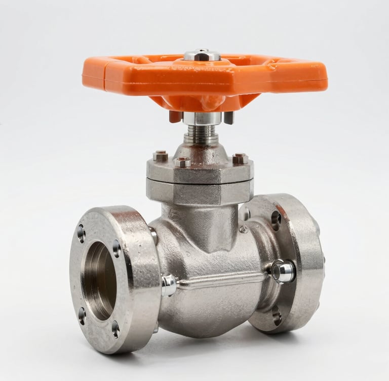 Straight-on product portrait of a pristine, newly manufactured stainless steel trunnion-mounted ball valve, high-key studio lighting, metallic steel tones, macro lens, safety orange actuator handle