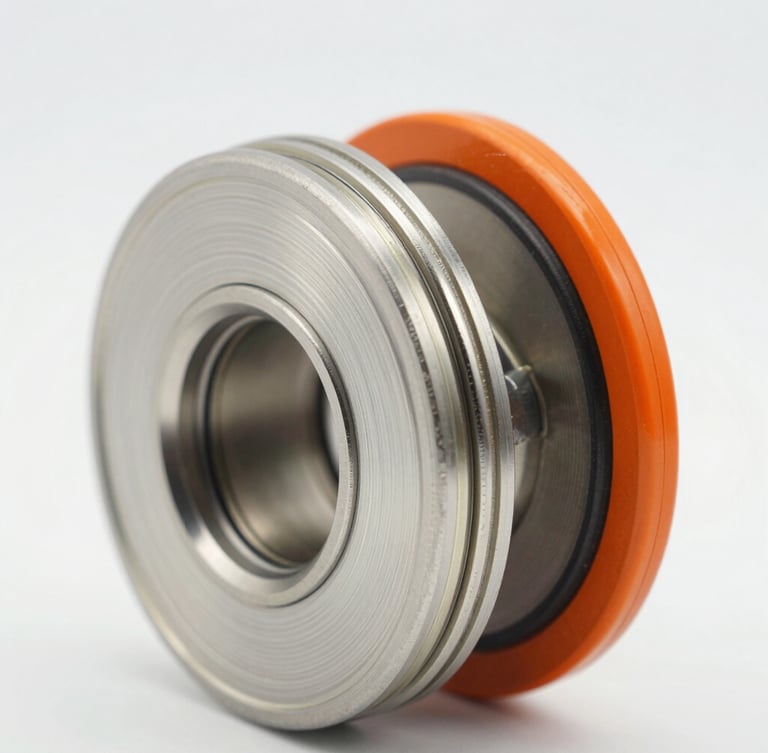 Macro close-up of a triple-offset butterfly valve disc and laminated metal seal, pristine steel and safety orange accents, sharp technical focus