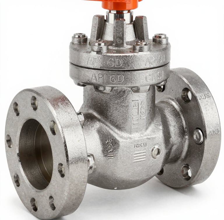 Macro detail shot of a heavy steel ball valve flange and stem casting, showing stamped API 6D and ANSI class markings, clean industrial daylight