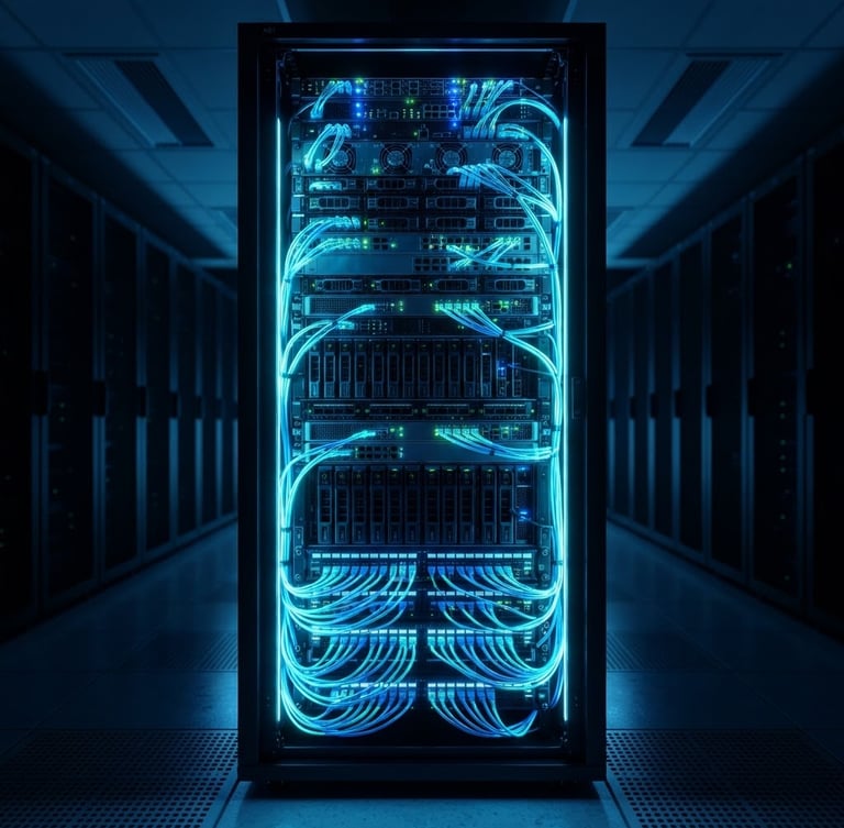 Wide shot of a modern, high-tech server rack in a dark, climate-controlled data center, electric blue and cyan data flows visible, sharp rim-lighting, 8k.