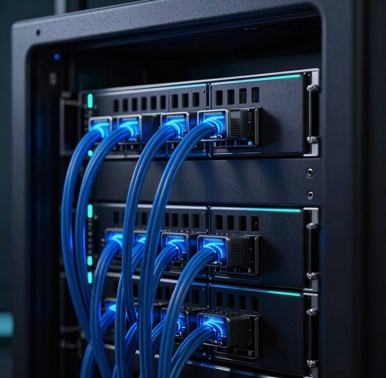 Close-up of a sleek, dark server rack with glowing electric blue data lines, sharp focus on intricate components, moody low-key studio lighting, 8k