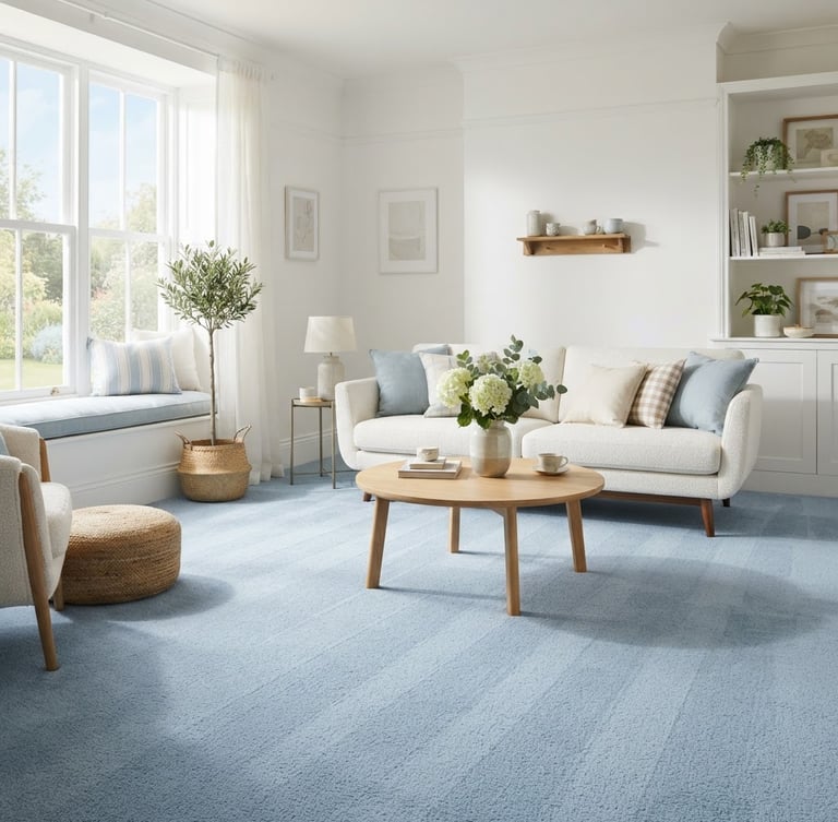 Bright airy photography, natural morning daylight, clean living room with a sunlit window, freshly vacuumed light blue carpet, 35mm lens