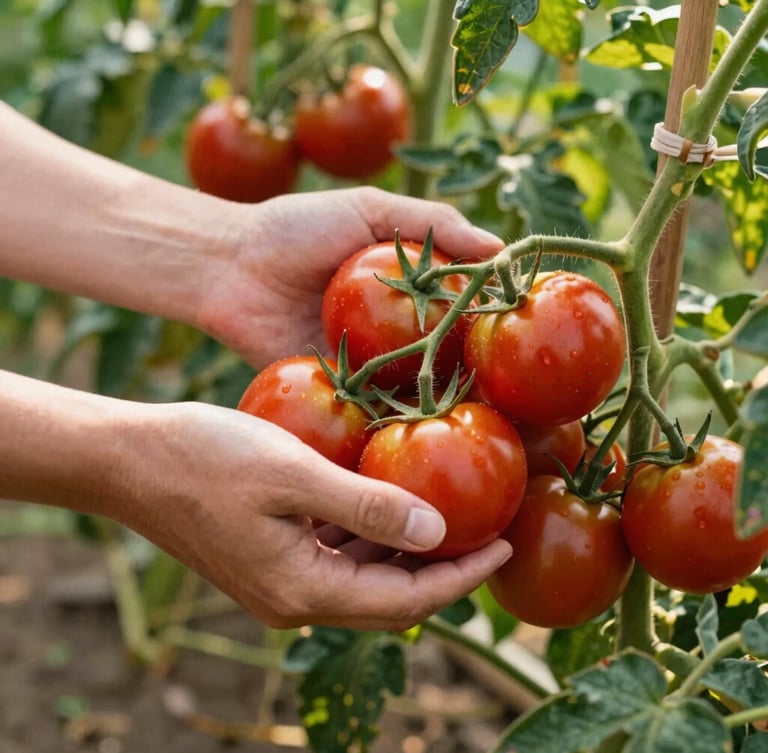 Portrait shot of hands carefully harvesting fresh, ripe tomatoes in a sunlit organic garden, focus on the hands and tomatoes, soft natural light, warm editorial food photography, rich crimson and forest green accents, shallow depth of field, 35mm