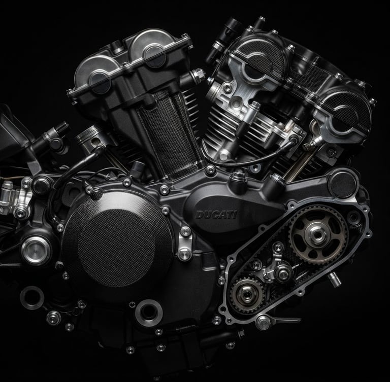 Low-key dramatic studio shot of a high-performance motorcycle engine block with machined parts and carbon fiber textures, sharp metallic reflections, 85mm lens