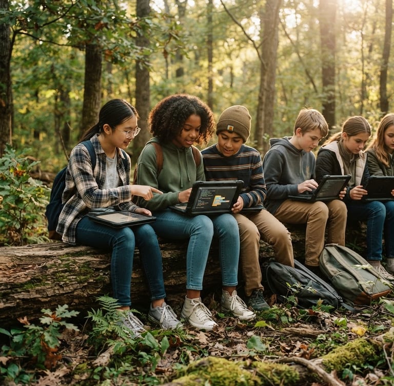 Warm editorial photography of a diverse group of middle school students sitting on a fallen log in a Missouri forest, coding on rugged tablets under filtered golden hour sunlight, authentic documentary style.