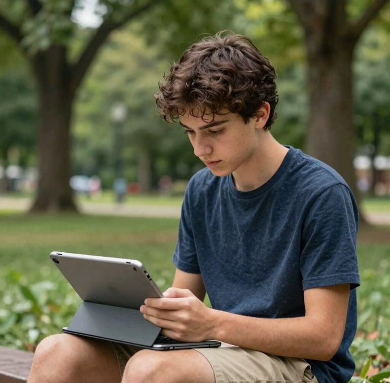 Warm editorial portrait of a student coding on a tablet outdoors in a lush Missouri park, surrounded by green foliage, shallow depth of field, natural daylight through trees.
