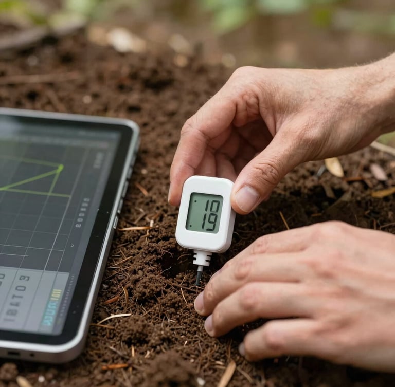 Close-up documentary shot of hands installing a digital soil moisture sensor in rich earth, a tablet showing data graphs nearby, soft natural lighting