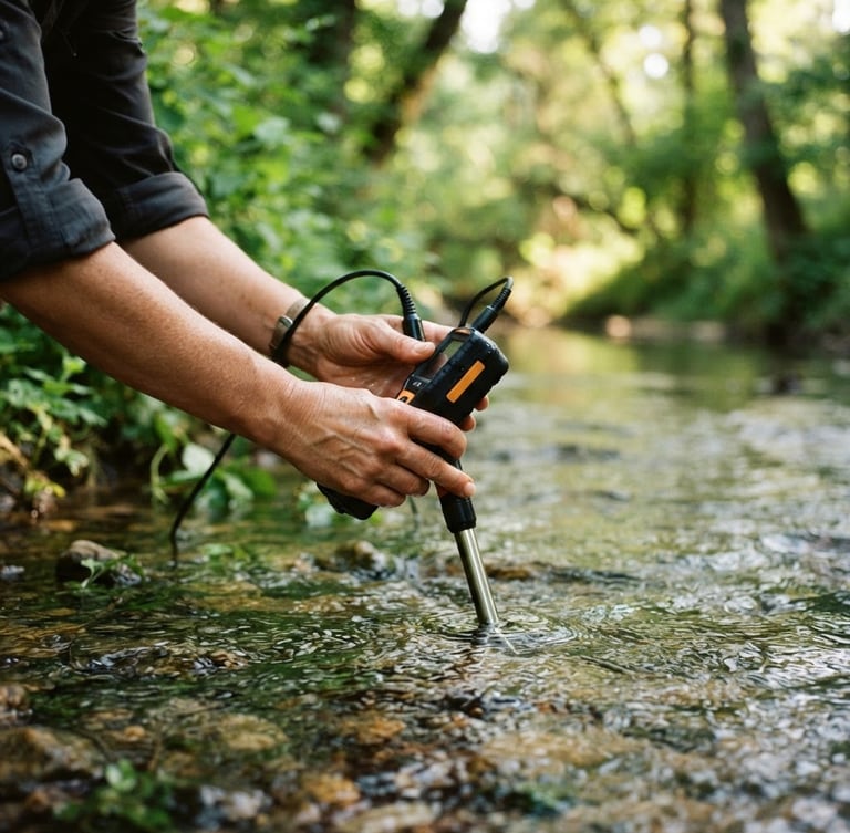 A close-up of hands holding a water-quality sensor dipped in a clear Missouri creek, background of lush green summer foliage, diffused natural sunlight filtering through leaves.
