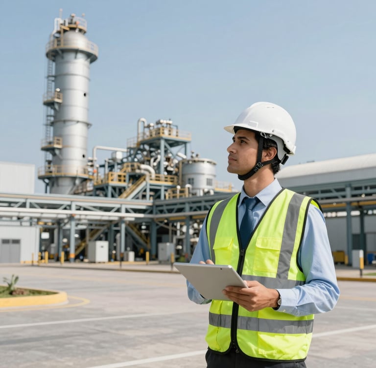 Wide environmental shot of a modern Brazilian industrial plant under bright daylight, a professional engineer wearing a white helmet and high-visibility vest holding a tablet in the foreground, sharp focus, cool slate tones.