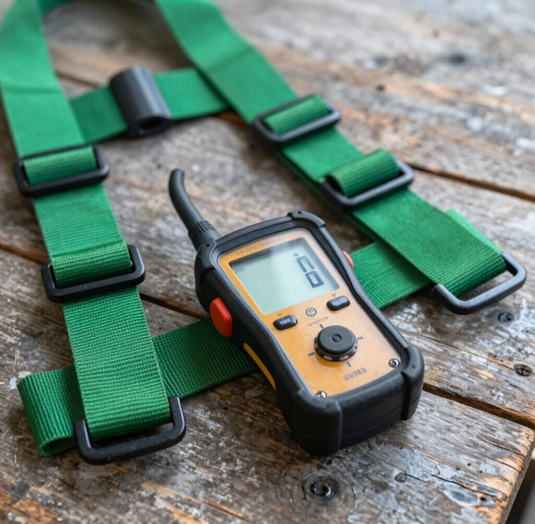 Close-up of industrial safety equipment, high-visibility green harness and professional sound level meter on a rustic wooden table, soft natural side lighting, crisp focus