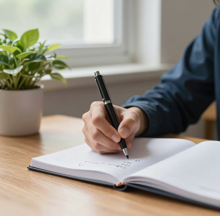 Close-up of a student hand writing observations in a paper notebook next to green potted leaves on a wooden desk, soft natural window light, school environment.